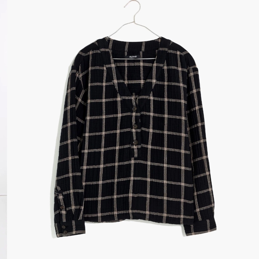 Madewell Lightspun Evert Pullover Top in Windowpane Plaid True Black Size Small - Picture 4 of 9
